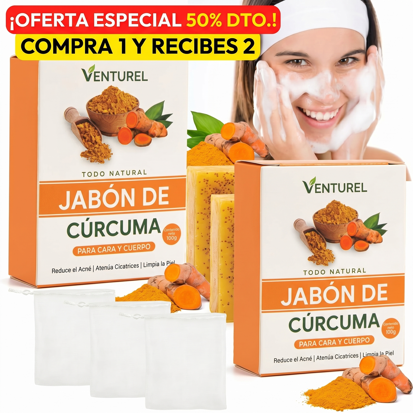 Turmeric Glow Soap - Limpieza Facial Natural | Piel limpia, sin acné y con glow real